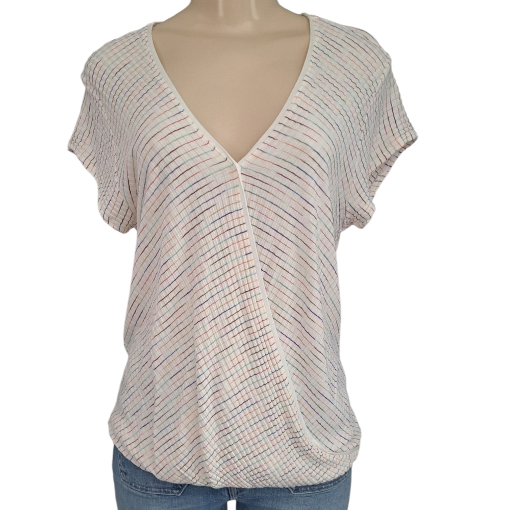 Maeve V-Neck Short Sleeve Striped Blouse XL